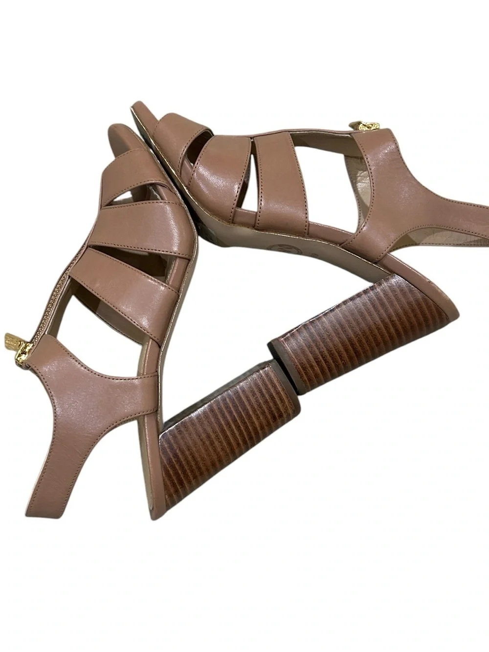 Michael Kors Damita Tan Strappy Block Heel Sandals Gold Zip size 6.5